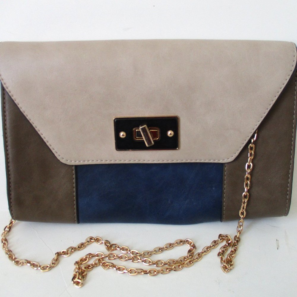 *Urban Expressions Taupe Blue Beige Color Blocked 2-Way Shoulder Clutch Bag